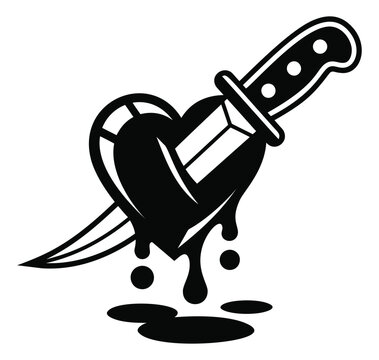 Bold cartoon illustration of a knife stabbing a bleeding heart depicting pain and heartbreak for tattoo and emotional design