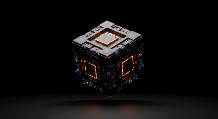Obraz premium A futuristic, complex cube with glowing orange panels floats in darkness, representing advanced technology. Its intricate design hints at AI or data processing