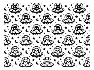 Obraz premium Cartoon seamless pattern featuring cute aliens in flying saucers with stars and moons for space themed design