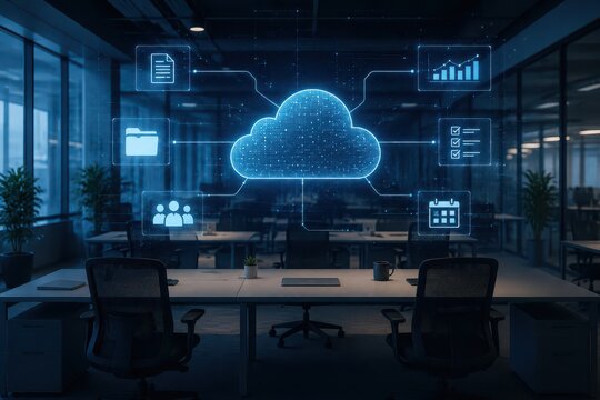 A digital cloud icon with data symbols hovers above an empty office desk, symbolizing cloud computing and data management in a modern workspace.