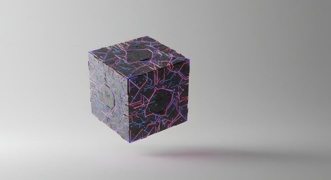 A 3D rendered cube with intricate cracks and glowing purple lines, floating in a minimalist space. The cube appears to be made of rough, textured material, with dark voids and energetic.