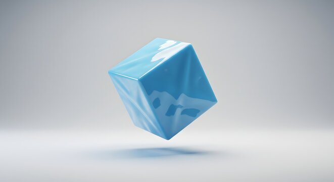 A minimalist render of a glossy blue cube with a slight tilt, set against a neutral gradient background. The cube appears to float, casting a subtle shadow below.