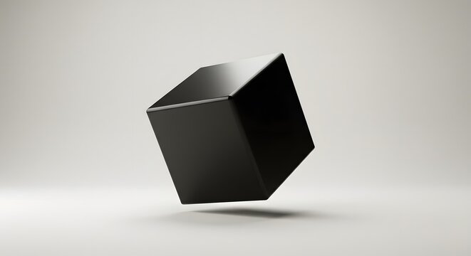 A stark black cube floats in the center of the frame, casting a subtle shadow below. Its sharp edges and reflective surface create a minimalist and modern aesthetic