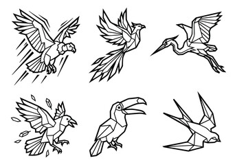 Fototapeta premium Outline icon set of 6 geometric birds featuring eagle, heron, toucan, phoenix and swallow in polygonal style for wildlife design