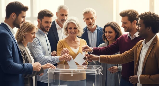 Diverse group of people casting votes in transparent ballot box, democratic election process