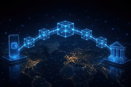 A digital blockchain network visualizing secure, decentralized transactions between a mobile wallet and a financial institution over a glowing world map.