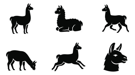 Fototapeta premium Silhouette icon set of 6 llamas featuring standing, resting, grazing, running and portrait poses for animal design