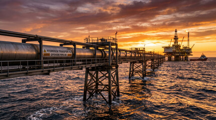 Fototapeta premium Offshore hydrogen transport pipeline at sunset in sea. Industrial energy infrastructure in the ocean with drilling platform. Clean energy transition and sustainable fuel distribution concept