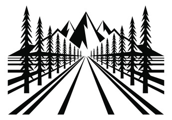 Fototapeta premium Silhouette illustration of mountain road perspective depicting pine forest landscape with vanishing point for travel and outdoor design