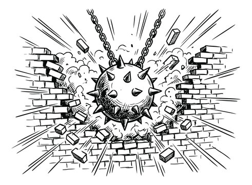 Sketch illustration of a spiked wrecking ball depicting explosive wall destruction for construction and demolition design