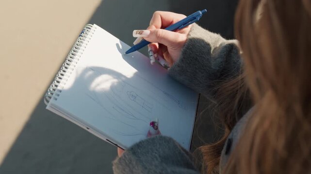 Overshoulder writer with spiral notebook jotting notes, soft sunlight casting pen shadow, long hair and sweater framing scene, pretty thoughtful composition, calm urban atmosphere