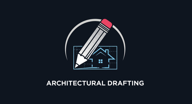 Architectural Drafting Concept Logo with Pencil and House Blueprint