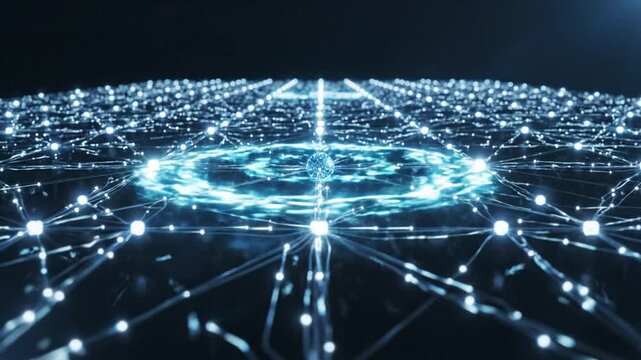 Futuristic glowing sphere with digital circuits and light beams, AI concept