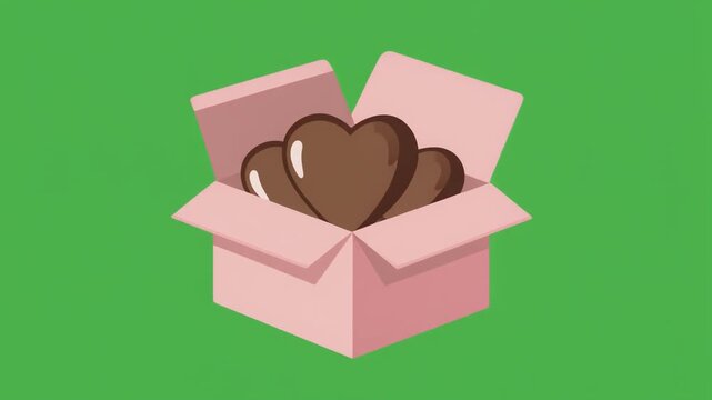 A pink gift box containing heart shaped chocolates isolated on a solid green screen chroma key background.
