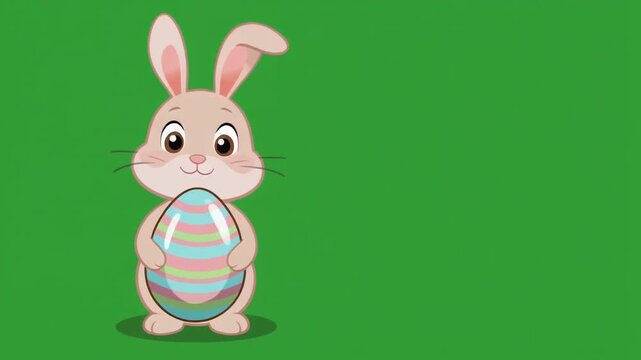 Cute cartoon bunny rabbit holding a colorful decorated Easter egg isolated on a solid green screen chroma key background.