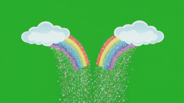 Cartoon style illustration of two rainbows with clouds isolated on a solid green screen chroma key background.