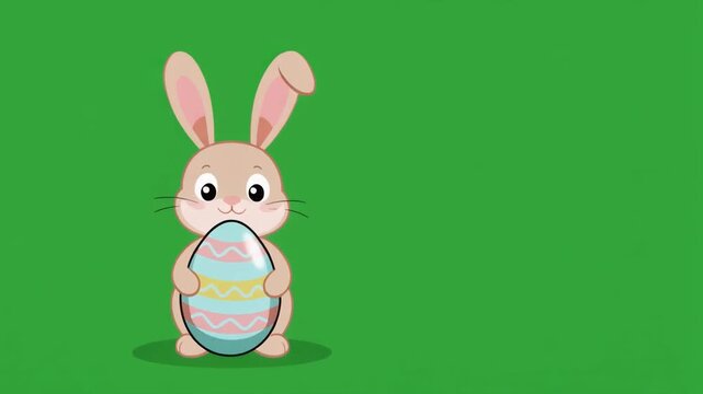 Cute cartoon Easter bunny holding a decorated colorful egg isolated on a solid green screen chroma key background.