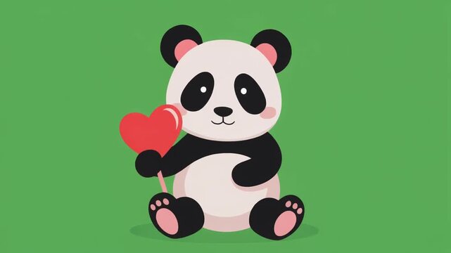 Cute cartoon panda holding a red heart shape isolated on a solid green screen chroma key background.