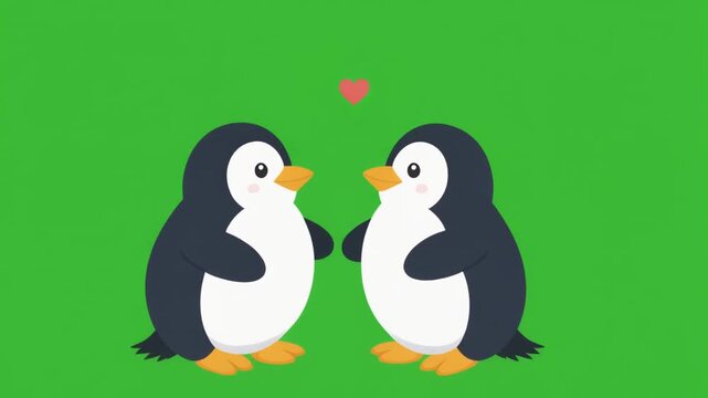 Cute cartoon illustration of two penguins in love with a red heart isolated on a solid green screen chroma key background.