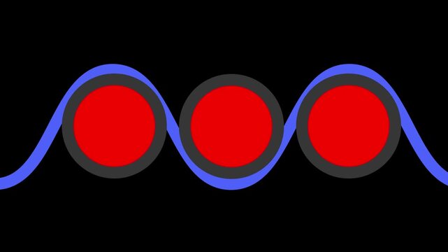 Abstract animation of a blue wavy line weaving through three red circles on a black background. Useful for modern connection concepts.