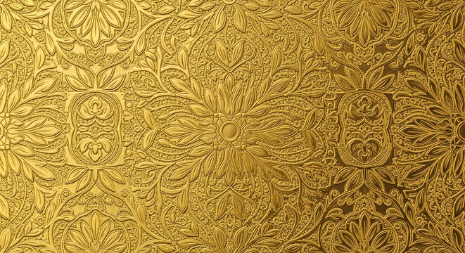 Intricate embossed golden floral pattern with ornate baroque scrolling details, showcasing rich texture and opulent vintage design, perfect for luxury backgrounds.