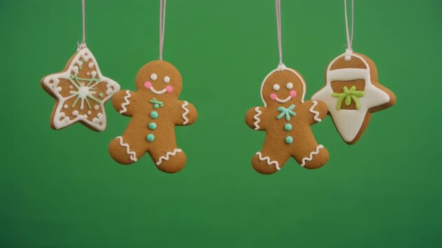 Festive gingerbread cookies hanging isolated on a solid green screen chroma key background for Christmas celebration.