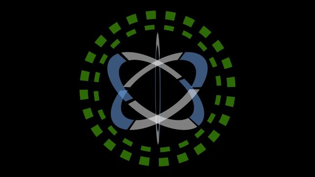 Futuristic atomic model or network globe animation with intersecting orbits and a green dashed ring on a black background.
