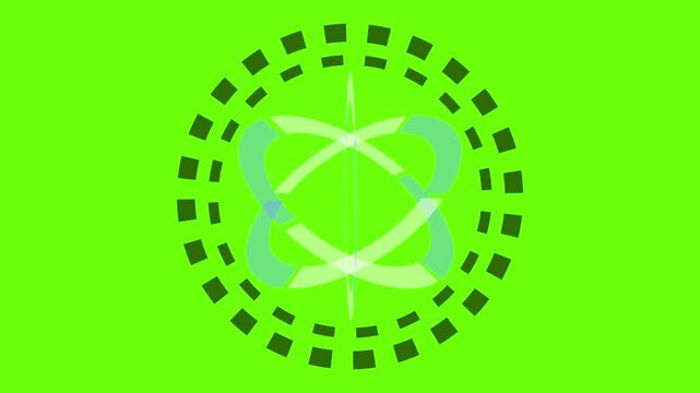 Futuristic atomic model or network globe animation with intersecting orbits on a chroma key green background.