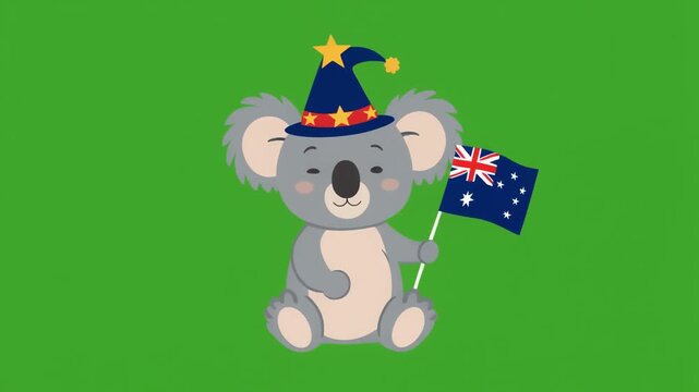 Cute cartoon koala bear wearing a wizard hat holding an Australian flag isolated on a solid green screen chroma key background.
