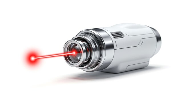 Futuristic laser pointer device emitting a red beam, high-tech optical sensor and scanner tool, 3D render isolated on white background