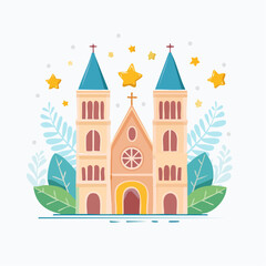 Fototapeta premium Cartoon Church with Stars and Leaves
