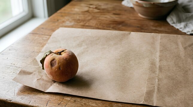 Single imperfect peach with a small bruise resting on a plain kraft paper sheet in the lower left corner of a large open surface, most of the sheet left empty as negative space.