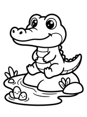 Fototapeta premium Cute Cartoon Alligator Coloring Page for Kids 4. EPS Editable. Vector Illustrations.