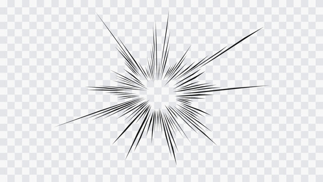 Abstract radial line explosion isolated on transparent background. Dynamic anime style burst effect with sharp speed lines expanding from the center.