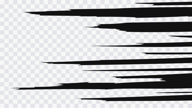 Black and white manga action background with bold horizontal brush-style speed streaks. Dynamic vector effect designed to convey extreme velocity, impact, and motion in anime.