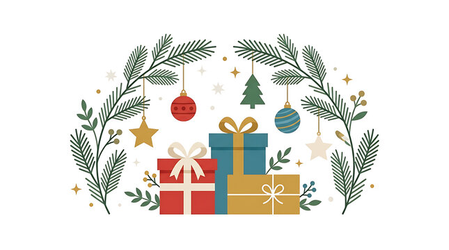 Christmas presents sit neatly arranged under decorative evergreen branches adorned with festive hanging ornaments.