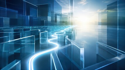 Fototapeta premium A futuristic digital cityscape with glowing neon pathways and transparent glass-like buildings under a bright sky.