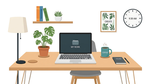Laptop rests on a desk in a home office environment featuring a lamp, books, a houseplant, and a coffee mug.