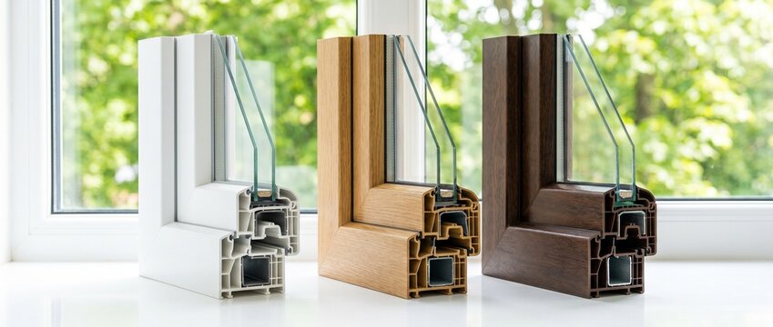 Detailed cross-section samples of three PVC window profiles (white and wood lamination finishes) displaying internal chambers, glass panes, and metal reinforcement, standing on a windowsill against a