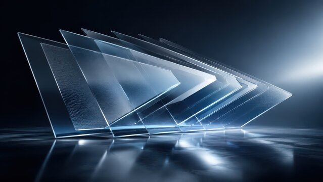 Transparent glass panes arranged in a staggered pattern with light reflecting, creating a futuristic and sleek visual effect.