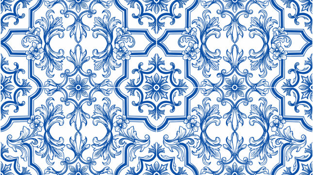 Intricate blue and white ornamental tile pattern with interlocking geometric and floral motifs across a repeating surface.