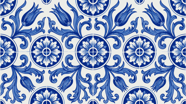 Intricate blue and white ornamental floral pattern suitable for tiles and textiles.