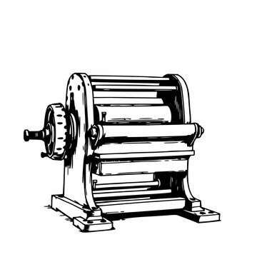Printing press set with vintage ink sketch of antique manual machinery featuring fine hatching, line art, historical illustration with mechanical and printmaking