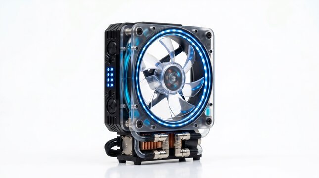 High Performance PC Water Cooling System Component with Blue RGB LED Fan and Liquid Reservoir Isolated on White Background