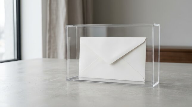 A white envelope displayed inside a clear acrylic box on a light-colored table near a window with a curtain.