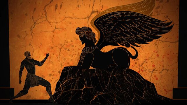 oedipus consulting the sphinx in orange greek amphora style