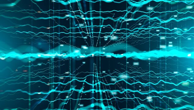 Abstract turquoise data wave background with glowing matrix and cyber connections.