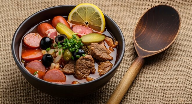 Hearty Homemade Solyanka Soup Served In A Rustic Bowl With Wooden Spoon