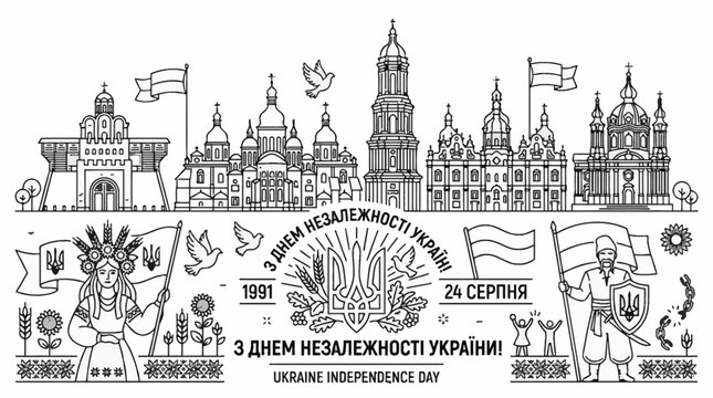 Ukraine Independence Day vector illustration with landmarks and national symbols.