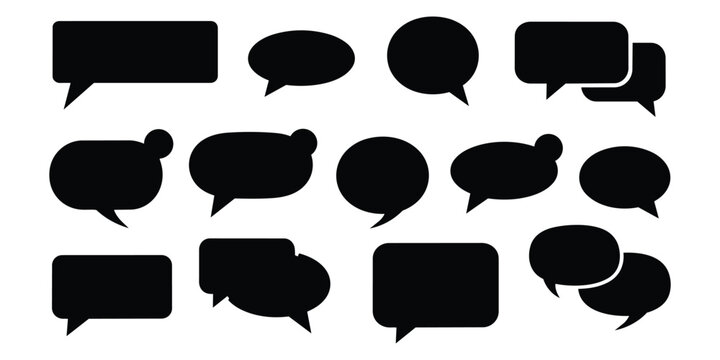 Set of black speech bubbles isolated on white background, different shapes communication icons for messaging app.